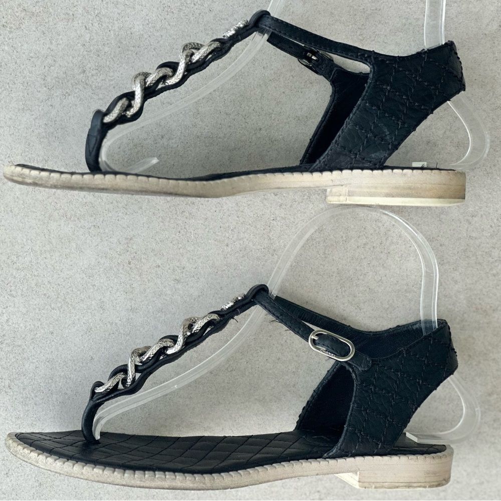 Chanel CC Logo Chainlink Quilted Black Leather Flat Ankle T- Strap Sandals Sz 37 - Picture 7 of 11
